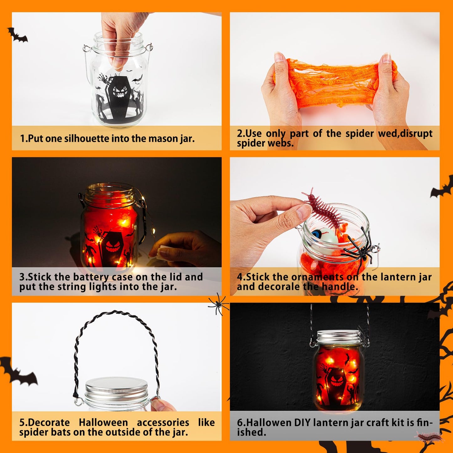 Shemira Halloween Craft Kit - 6pc Glass Mason Jar DIY Lantern Kit, Party Supplies for Kids