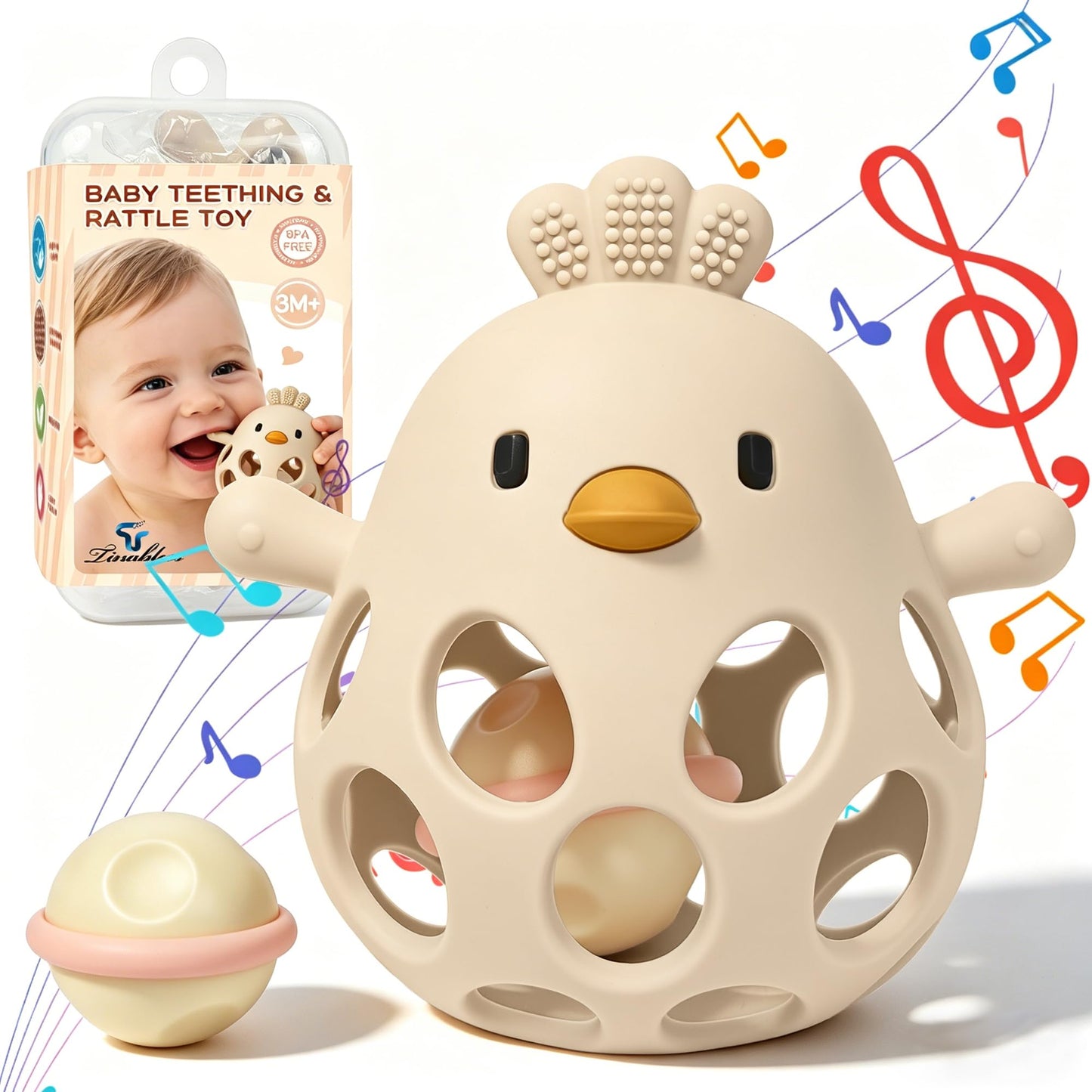 Tinabless 2-in-1 Baby Teether Rattle Toy, Easy Grip Silicone Teething Toy for Babies 3-12 Months, BPA-Free Sensory Chew Toy for Sore Gums, Infant Shower Gift (Beige w/Rattle)