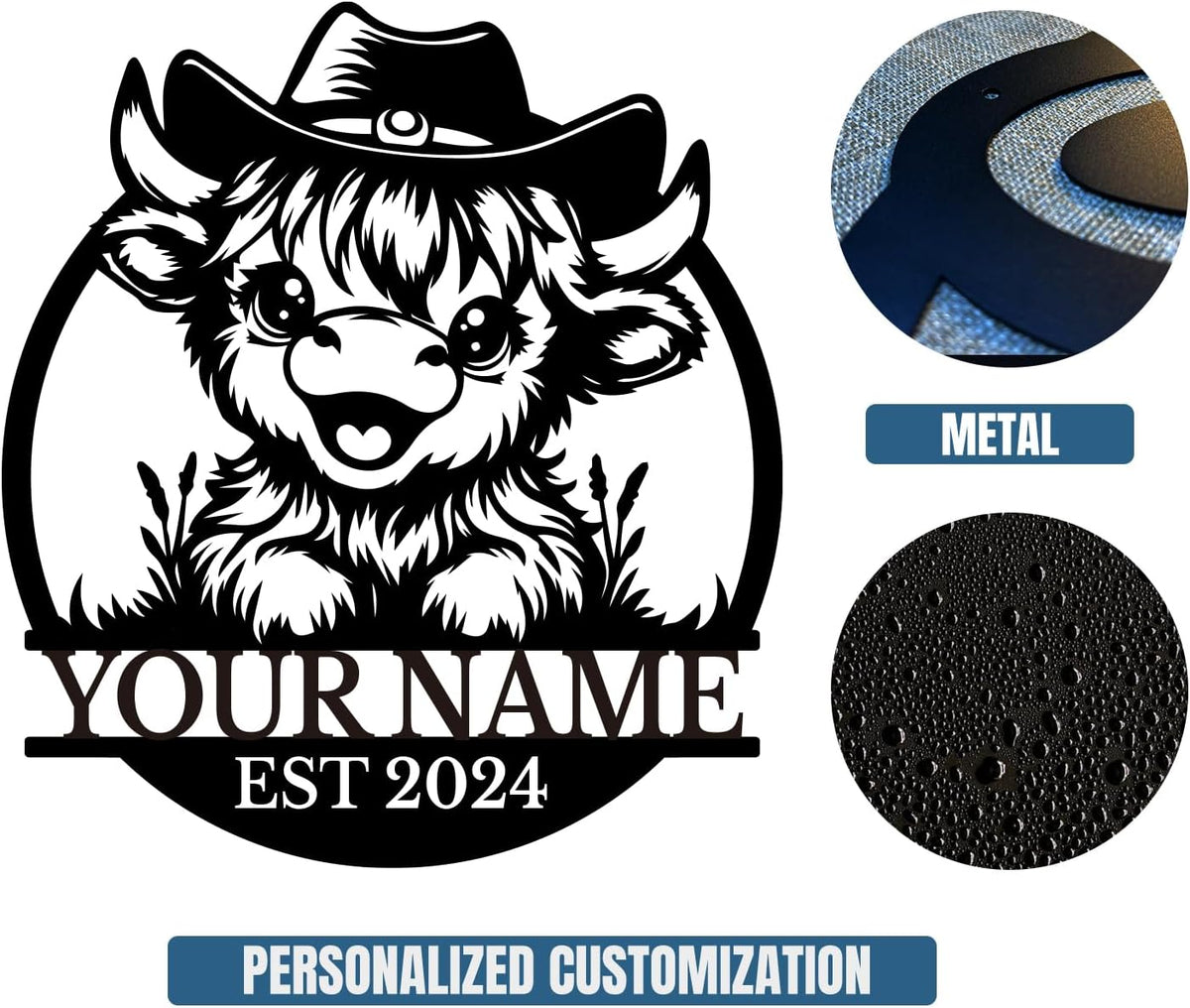 Personalized Highland Cow Name metal Signs,Custom Highland Cow Metal Shed Wall Decor,Black Metal Wall Art Plaques Outdoor wall Decorative Signage (Style A)