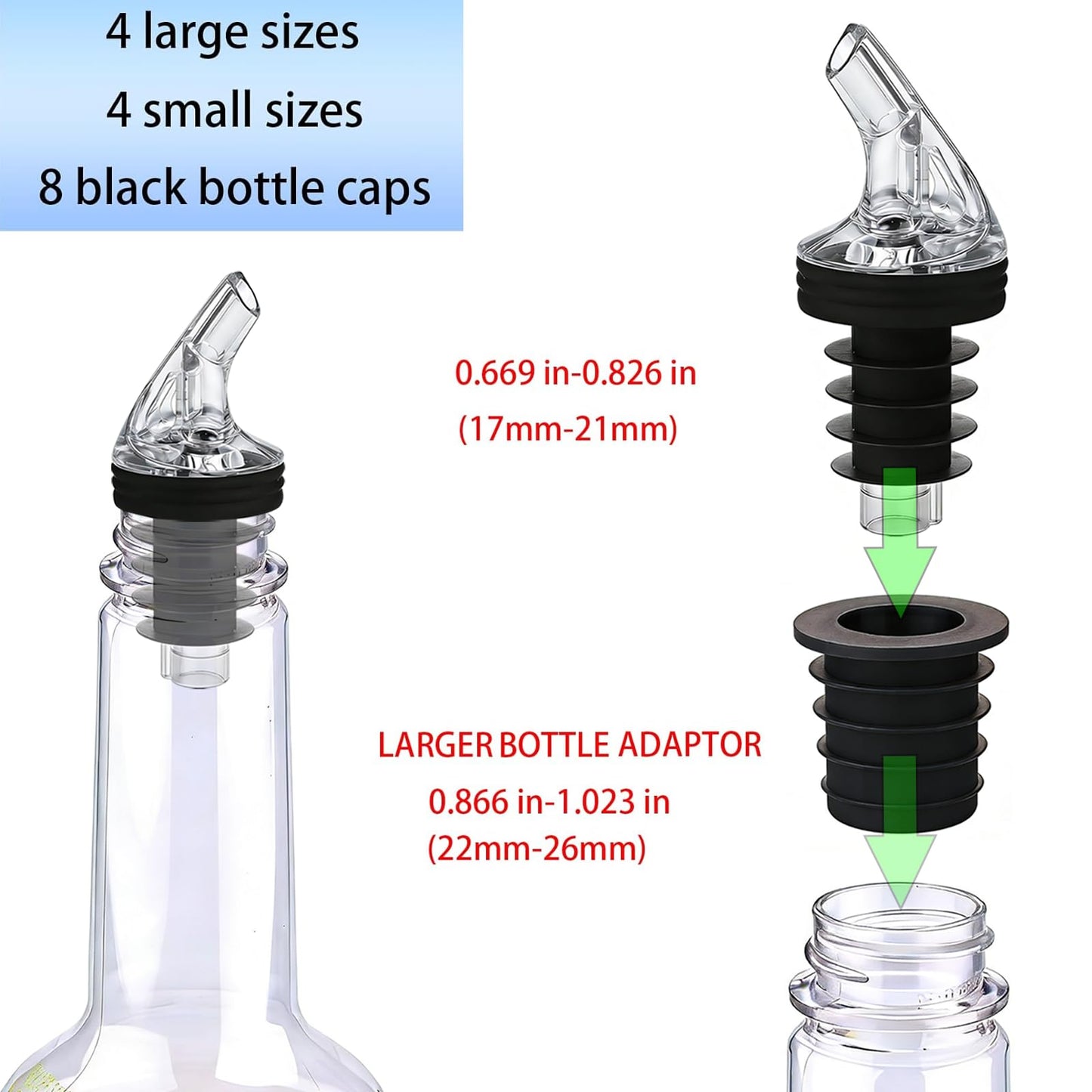 Pour Spout for Torani Sugar-Free Syrup 25.4 Fl Oz Bottle,Pourers for Large small Torani Sugar-Free Syrup。Leak-Proof,4-piece Large small + 8 Black Lid Caps (Black, 4)