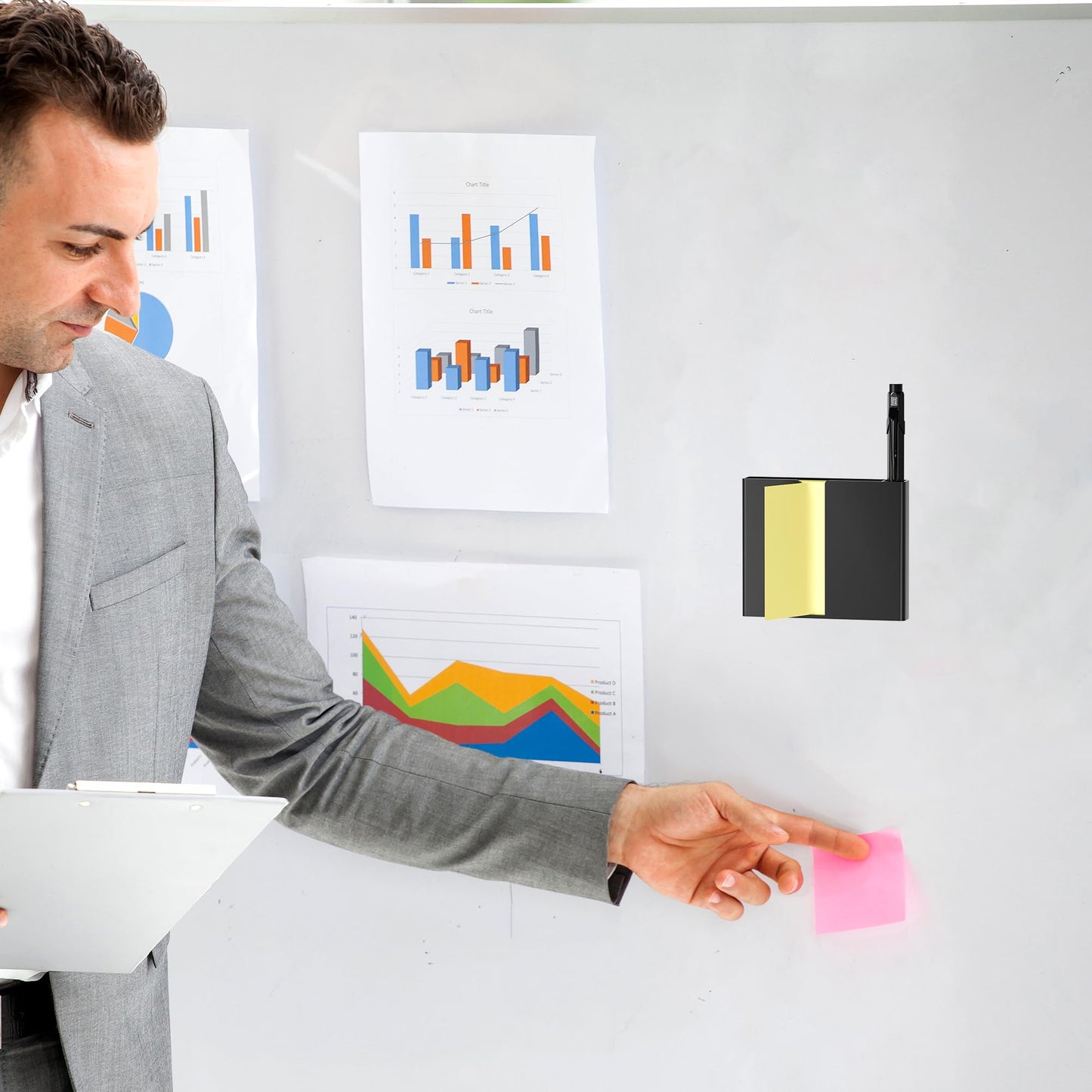 Sticky Note Dispenser, Magnetic Sticky Note Holder for Post It Notes, 3 x 3 Inch Sticky Note Pen Organizer for Office Home Classroom, Black