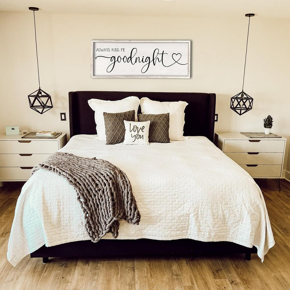 flowtorely Always Kiss Me Goodnight Wall Sign For Master Bedroom Above Bed Wall Decor 32''×12'' Large Rustic Solid Wood Frame For Farmhouse Couples Above bed Wall Art Decoration (White)