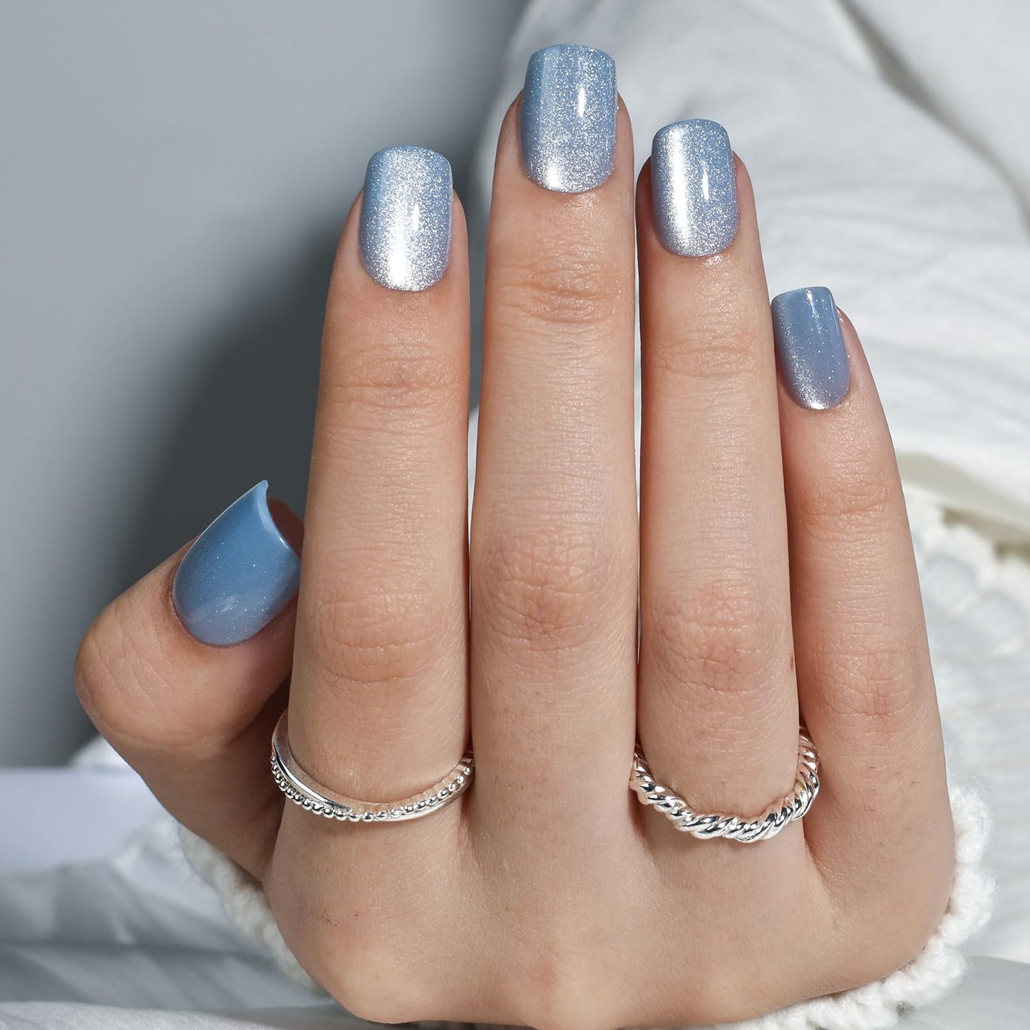 Blue Cat Eye Press on Nails - Short Square Blue Nails Press ons for Women, Reusable Glossy Fake Nails Kit with Glue, 30 Pieces in 15 Sizes