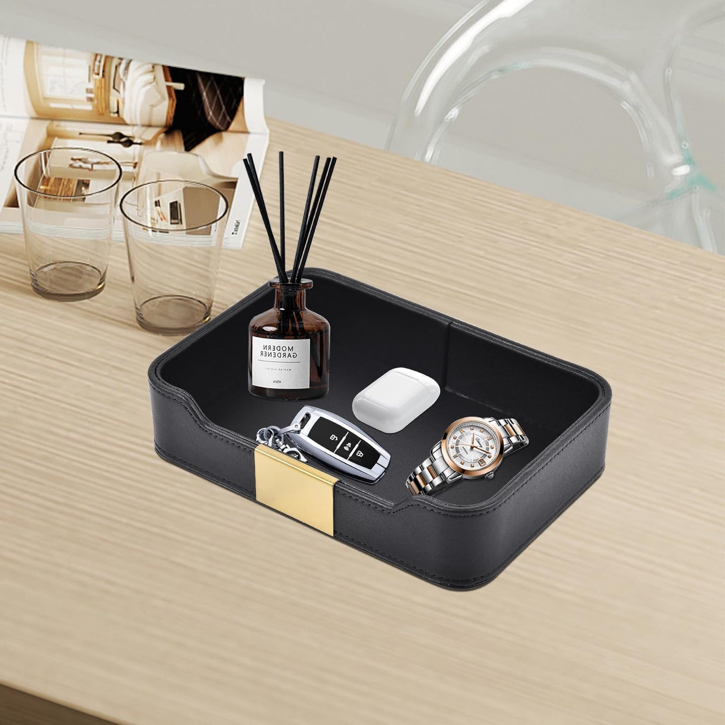 RHCSZ Luxury Leather Valet Tray Desktop Storage Organizer,Bedside Vanity Catchall Tray Nightstand Caddy Holder for Cosmetic,Jewelry,Watch,Keys,Phone,Wallet,Remote Controller,Pen,Black