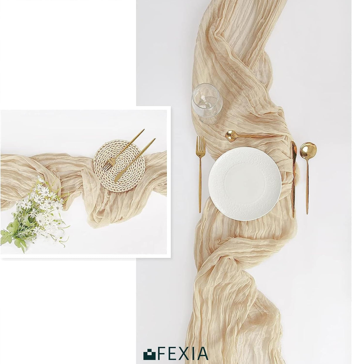 FEXIA Beige Cheesecloth Table Runner 35x120 Inches Ivory Gauze Rustic Boho Spring Easter Table Runner for Engagement Party Decorations Bridal Shower Wedding Party First Communion Centerpiece