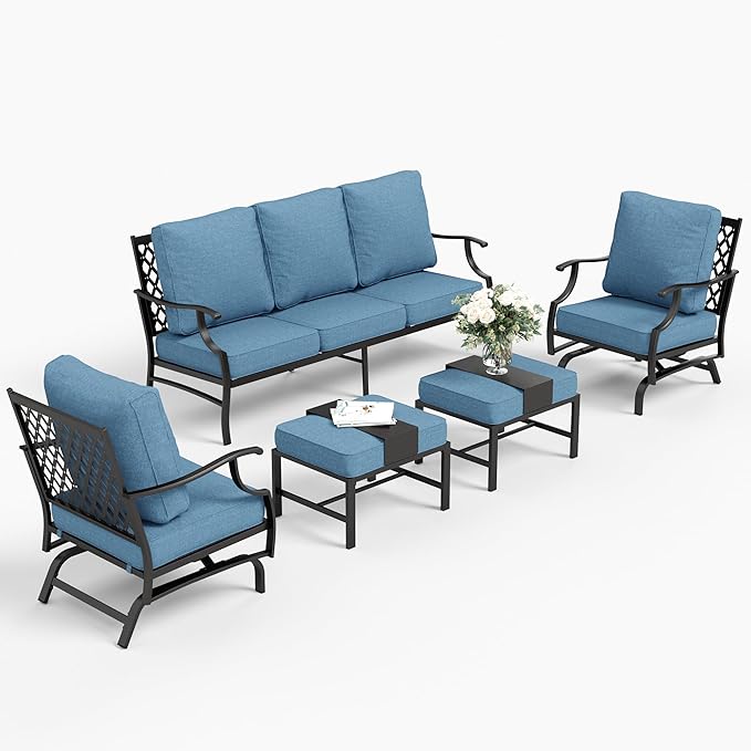 5 Piece Metal Outdoor Patio Furniture Set, Patio Conversation Sets 3-seater Sofa, 2 Rocking Chair, 2 Ottomans with 5.75" Thick Cushion, Black All-weather Frame Backyard Furniture, Navy