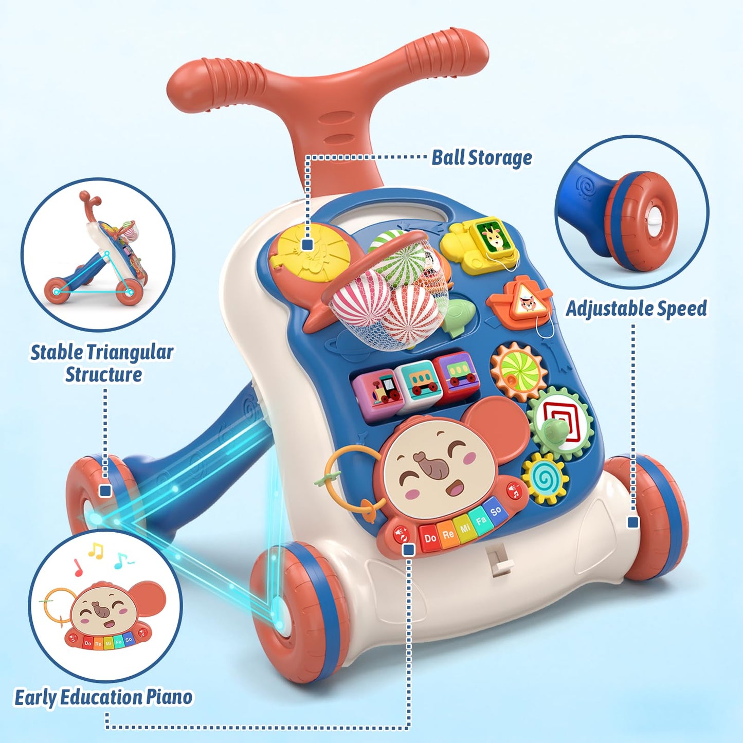 QDRAGON 3 in 1 Baby Walker and Activity Center for Boy, Learning to Walk, Sit to Stand, Early Educational Push Toys with Music Panel for Infant Toddler 12-18 Months Blue
