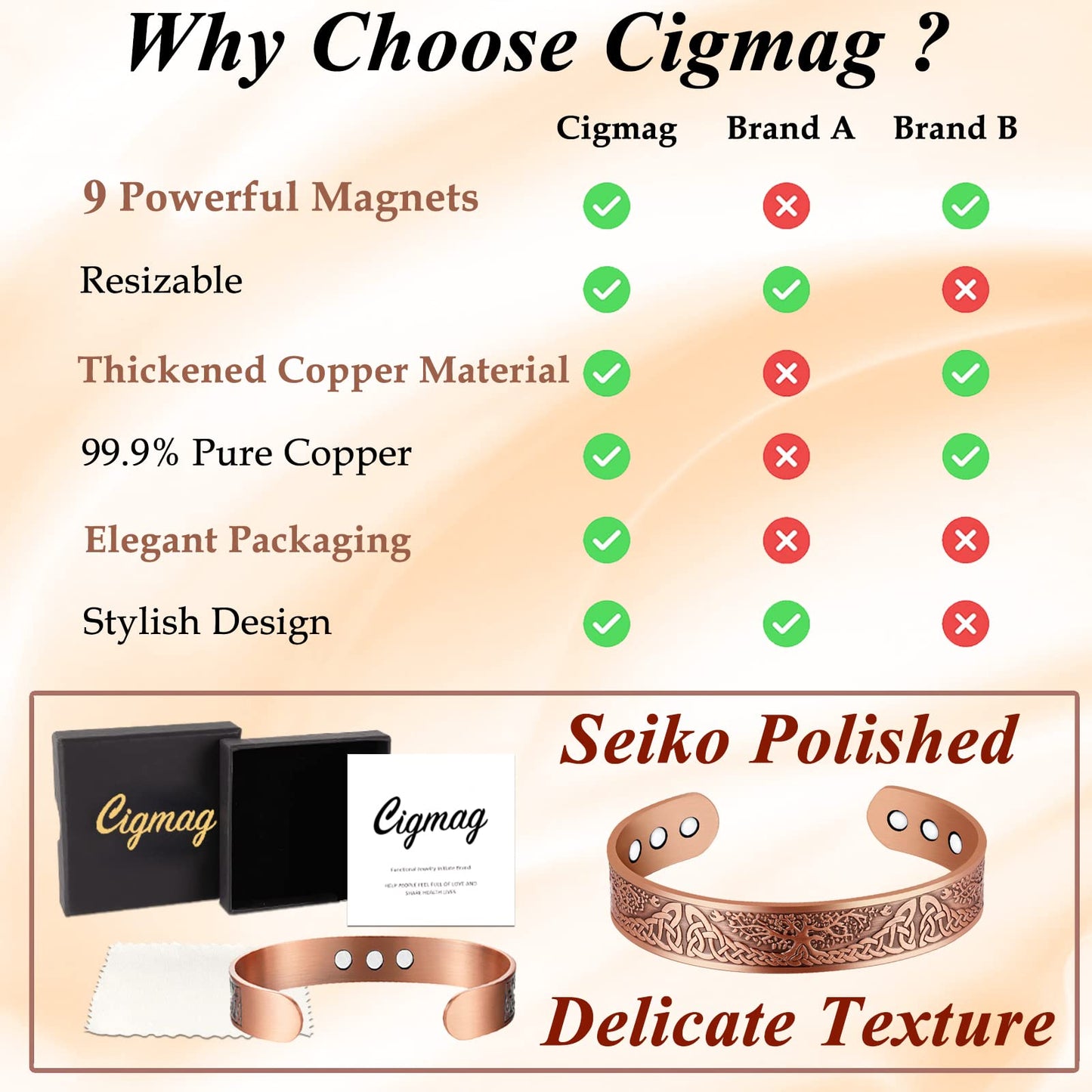 Cigmag 9X Copper Bracelet for Men Copper Magnetic Bracelet Strength Magnets Tree of Life Pattern Adjustable Solid Pure Cuff Bangle