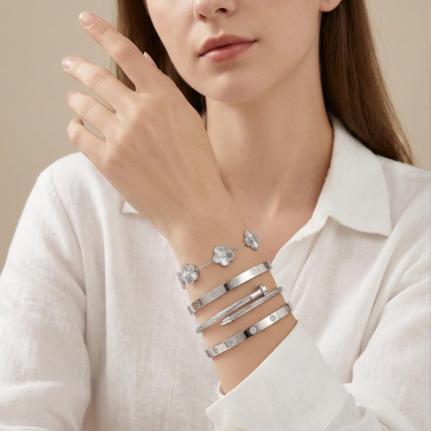 Camhanno Gold Bracelets for Women - Stackable Bangles with Love & Friendship Theme - Stainless Steel Jewelry Gift for Her (Bracelet Stack 4Sets (Floral Silver Bracelets,Bangle))