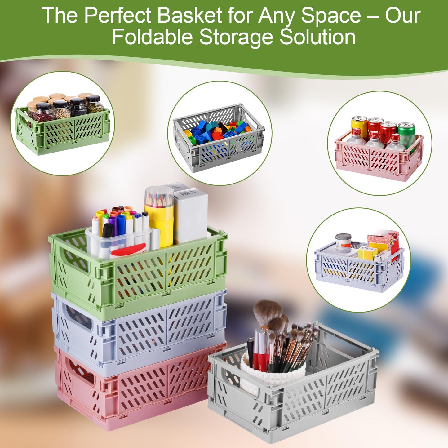 HUUSMOT 4-Pack Small Pastel Plastic Storage Baskets, Collapsible Crates for Organizing, Space-Saving Mini Bins for Classroom, Kitchen, Office, Bedroom (Green, 9.8" x 6.5" x 3.8")
