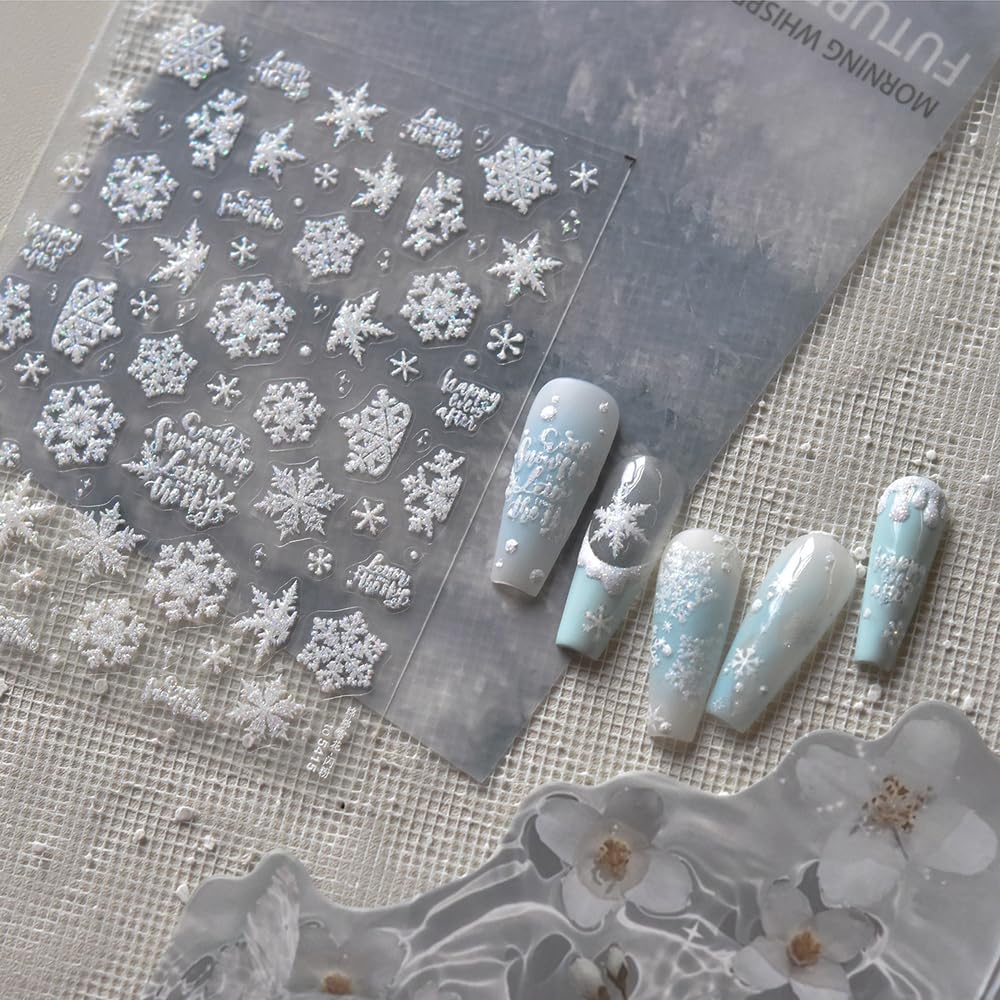 SoftSoul Snowflake Nail Stickers, 5D Embossed, White with Silver Accent, Premium Salon-Quality, Easy Application, Self-Adhesive, DIY Manicure, Nail Art, Press on, Home or Salon Use