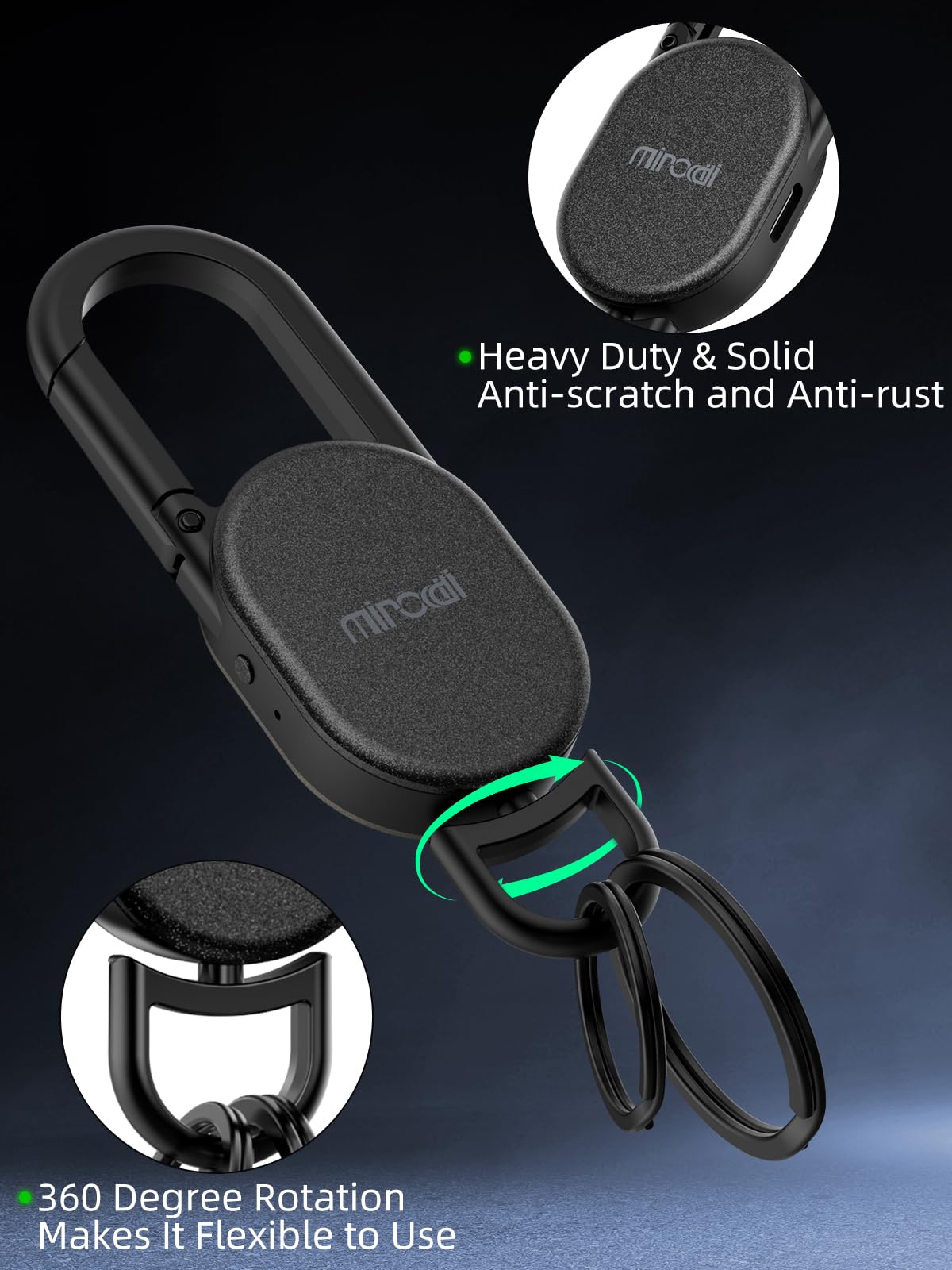Keychain Tracker, Keys Finder Works Compatible with Find My App (iOS Only), Heavy Duty Keychain Carabiner Car Key Chains for Men, Anti-Lost Tracker with Keyrings, Rechargeable & Waterproof, Black