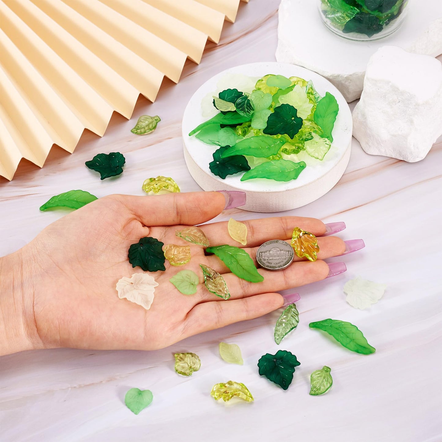 Craftdady 270pc Green Acrylic Leaf Bead Charms Transparent Frosted Maple Leaves Pendants with Loop for Earring Necklaces Jewelry Craft Making