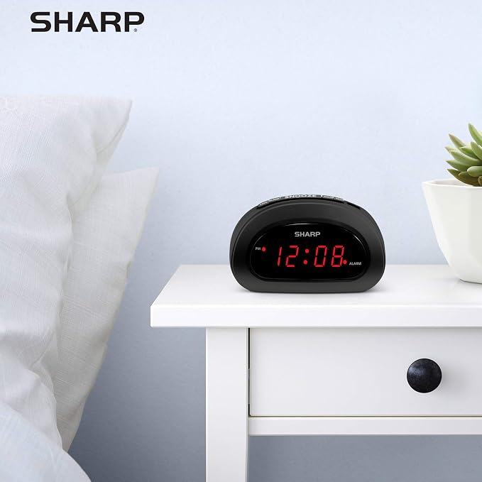 Sharp Small Digital Alarm Clock, Red LED, Snooze, 9V Battery Backup, Black