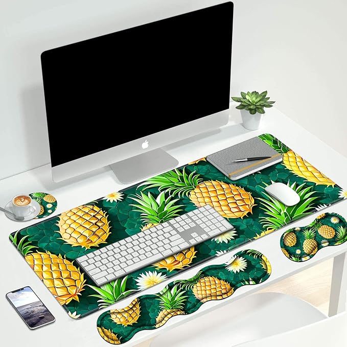 4 in 1 Ergonomic Keyboard Wrist Rest & Mouse Pad Wrist Rest Set, Large XXL Gaming Desk Mat 31.5"x 11.8" with Non-Slip Base, Memory Foam for Home Office Study Gaming, Pineapple
