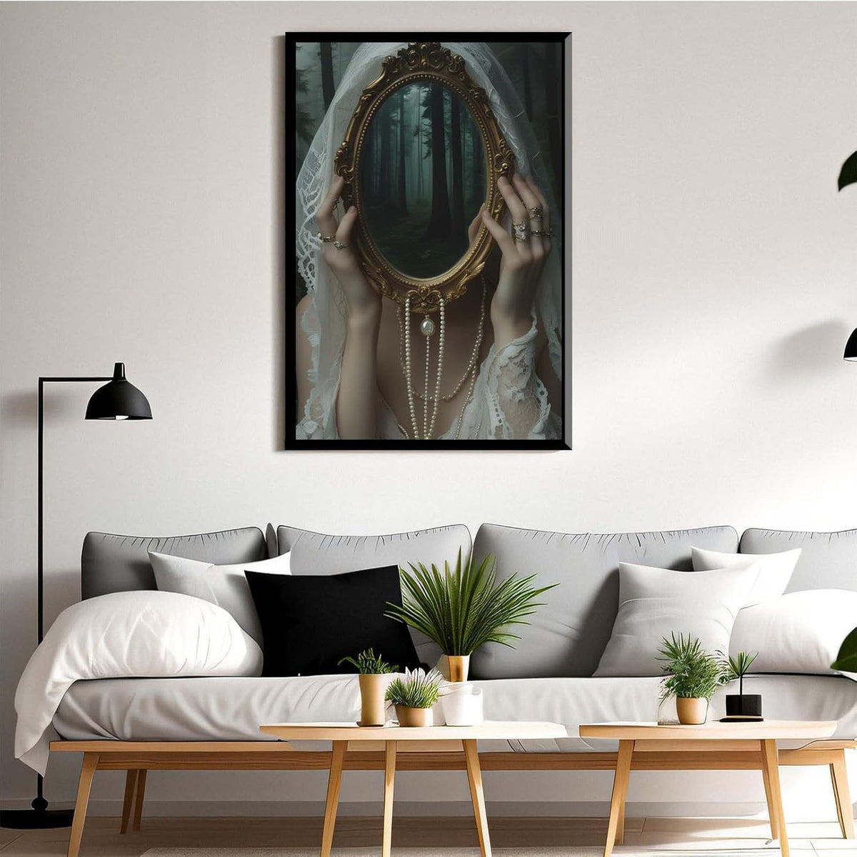 Mirror face covering dark art poster print melancholy gothic painting vintage feminine print victorian style decoration antique art24x36in Metal blackFramed