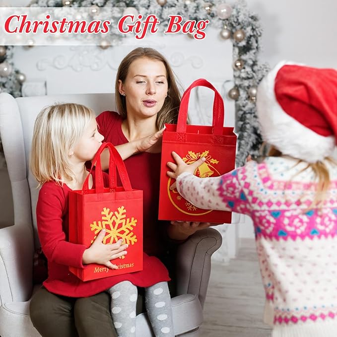 Wesnoy 48 Pcs Christmas Gift Bags Bulk 10 x 8 x 4 Inch Red Gold Goodies Bags Reusable Non Woven Christmas Party Favors Candy Treat Totes with Handles for Holiday Gift Birthday Party Supplies