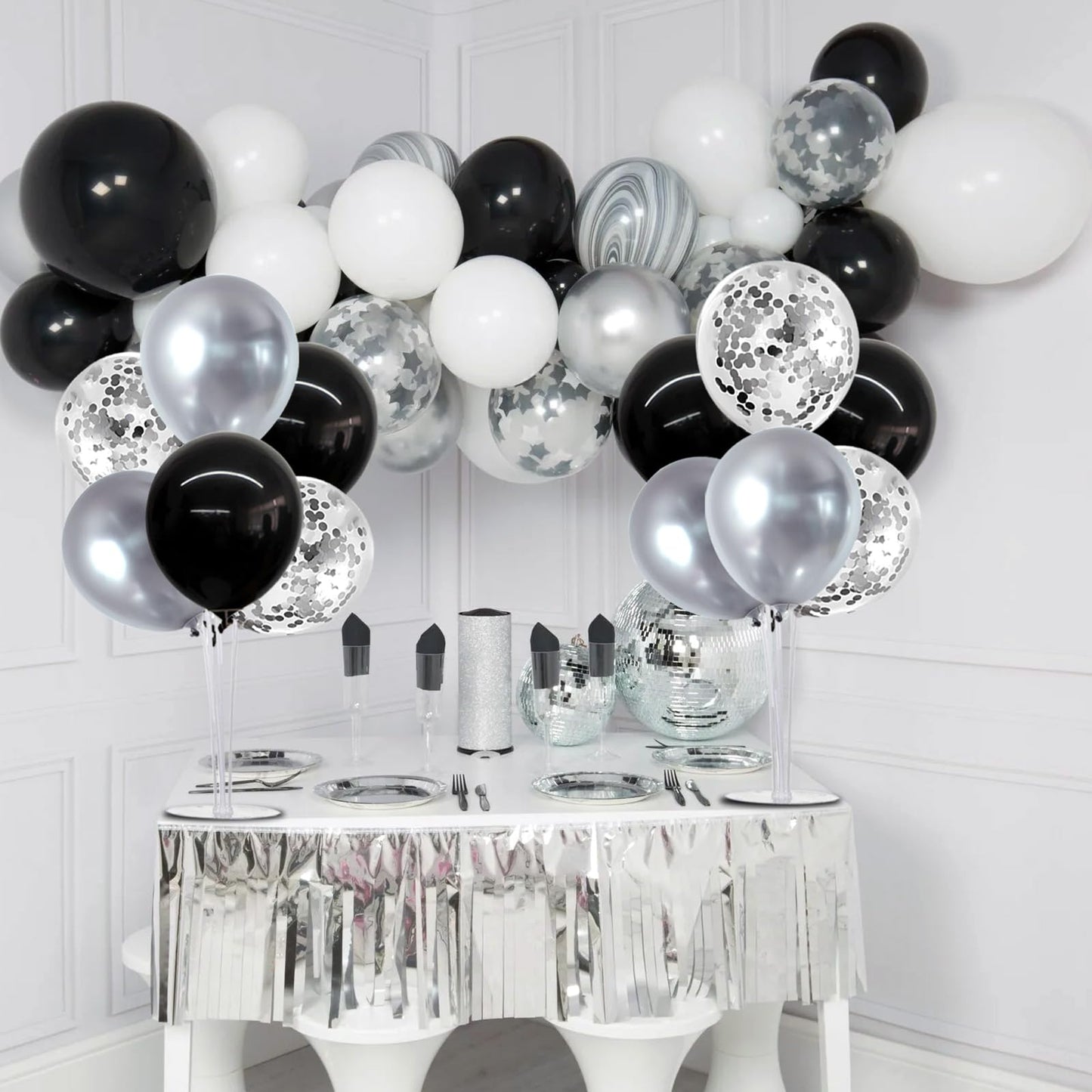 TONIFUL 4 Set Black and Silver Balloon Centerpiece for Table, Balloon Stand Kit for Birthday, Anniversary, Wedding, Halloween and Black Silver Party Decorations,2026 Graduation Decorations,Retirement