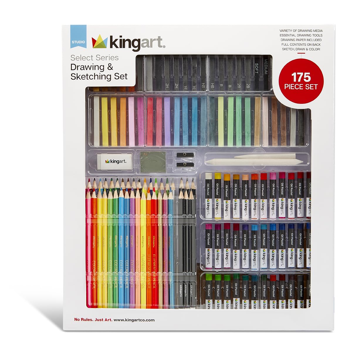KINGART Select Series Drawing & Sketching Set, 175 pc, Complete Art Kit with Colored Pencils, Pastels, Graphite, Charcoal, Paper
