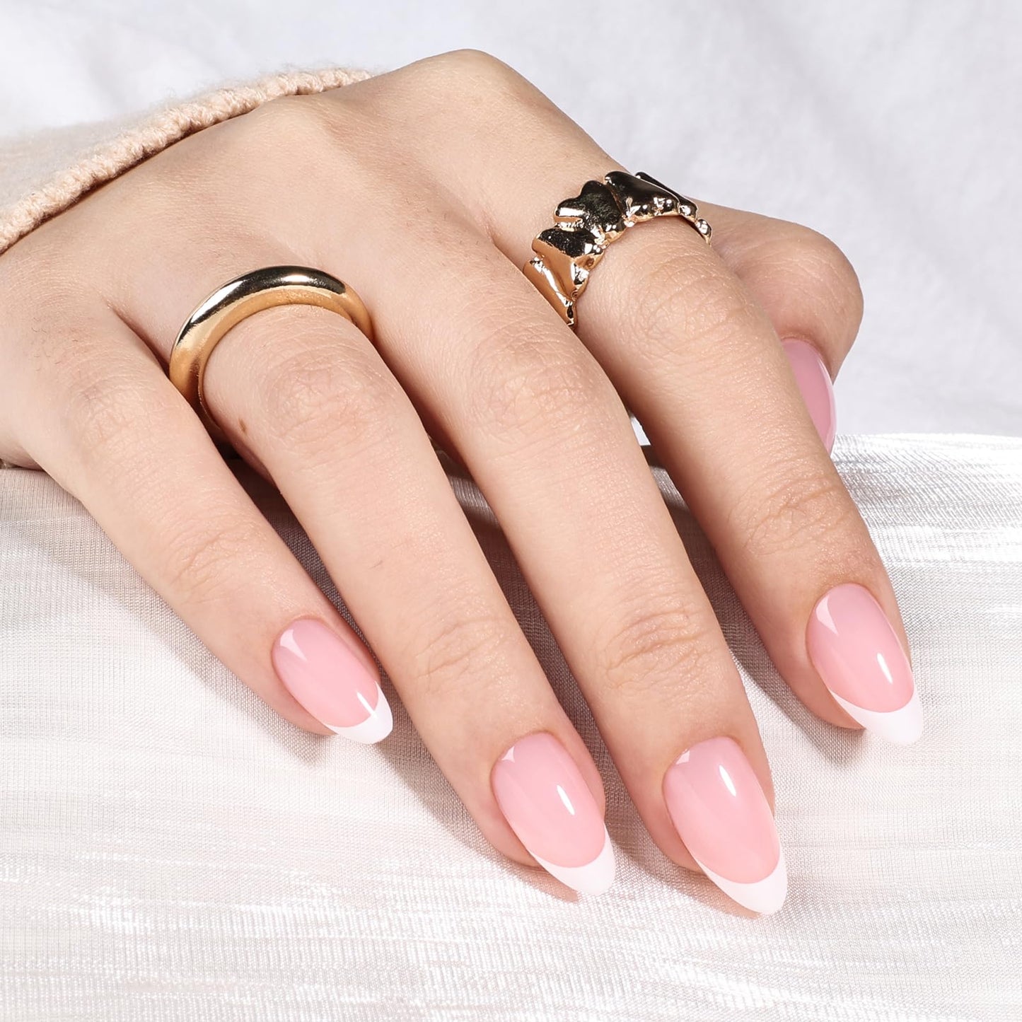 White French Tip Press On Nails - Short Almond Pink and White Press On Nails, 32Pcs 16 Sizes, Reusable Fake Nails with Nail Glue for Women