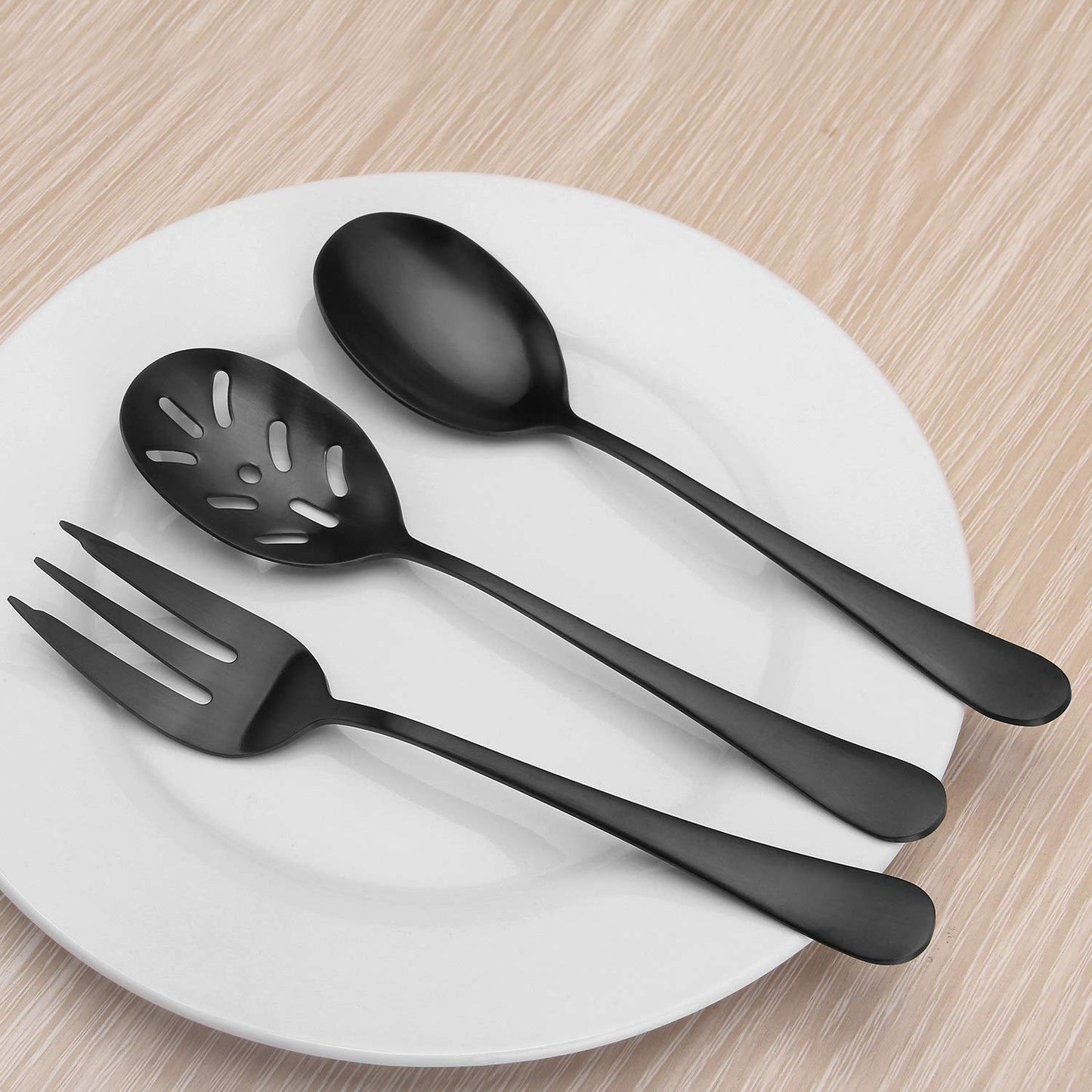 Matte Black Serving Set,SHARECOOK 5-Piece 18/0 Stainless Steel Large Hostess Set with Round Edge, Satin Finished, Dishwasher Safe -Spoons, Forks,Butter Knife& Slotted Spoon
