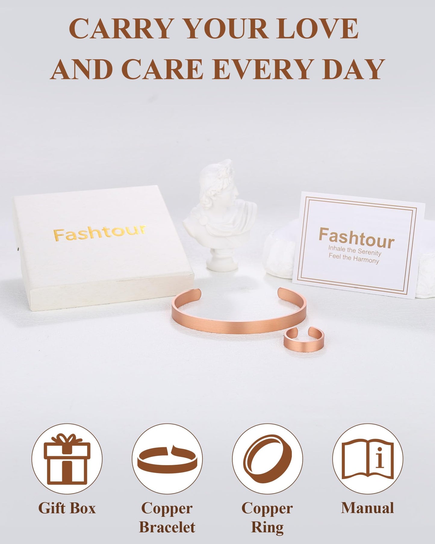 Fashtour Pure Copper Bracelet and Ring Set – Copper Bracelet for Men & Women – 100% Solid, Raw & Uncoated Handmade Hammered Tibetan Cuff Bangle (copper024)