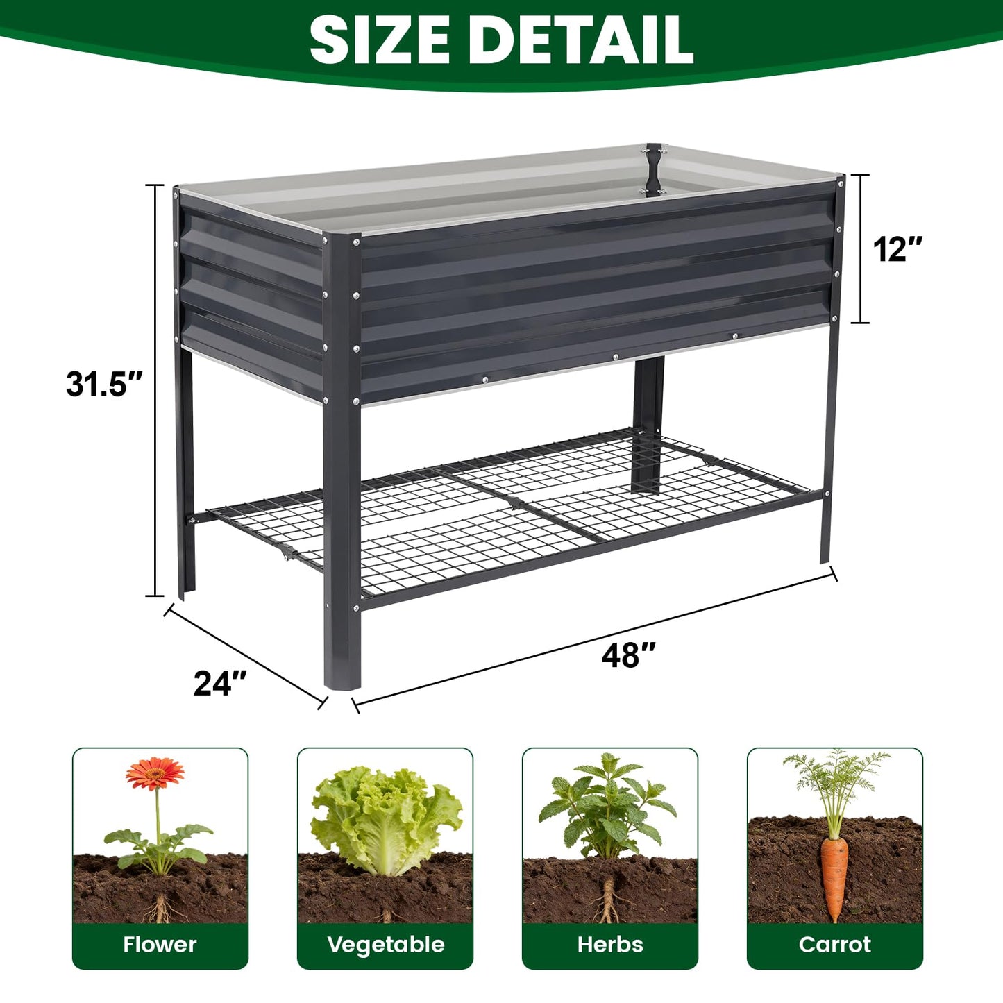1MORE Elevated Raised Garden Bed with Legs & Storage Rack, 48×24×32in Large Metal Raised Bed for Backyard, Patio. Raised Planter Box with Drainage Holes for Plants Vegetables Flowers Fruits(Grey-1pcs)