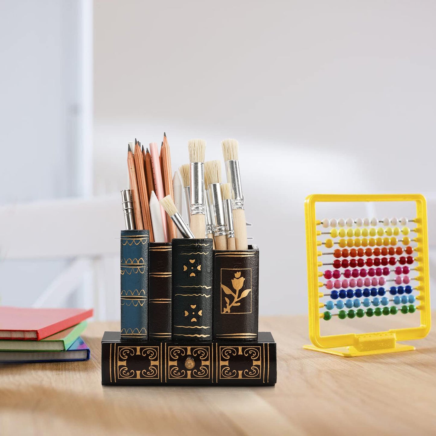 Tosnail Decorative Pen Holder with Storage Drawer, Wooden Pencil Holder Organizer, Antique Library Books Design Pen Cup Caddy, Desk Organizer for Office Supplies, Countertop, Desk, Table Accessory