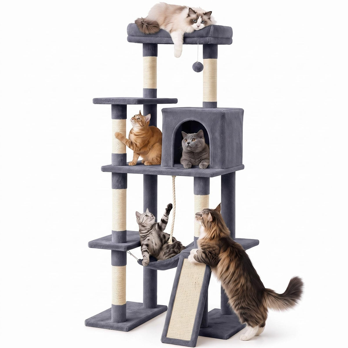 DUMOS 54-inch Indoor Cat Tree Tower –Multi-Level Pet House for Large Cats with 2 Condos, Scratching Posts, Round Platform, Small Ladder, and Toys – Perfect for Cats of All Ages, Dark Grey