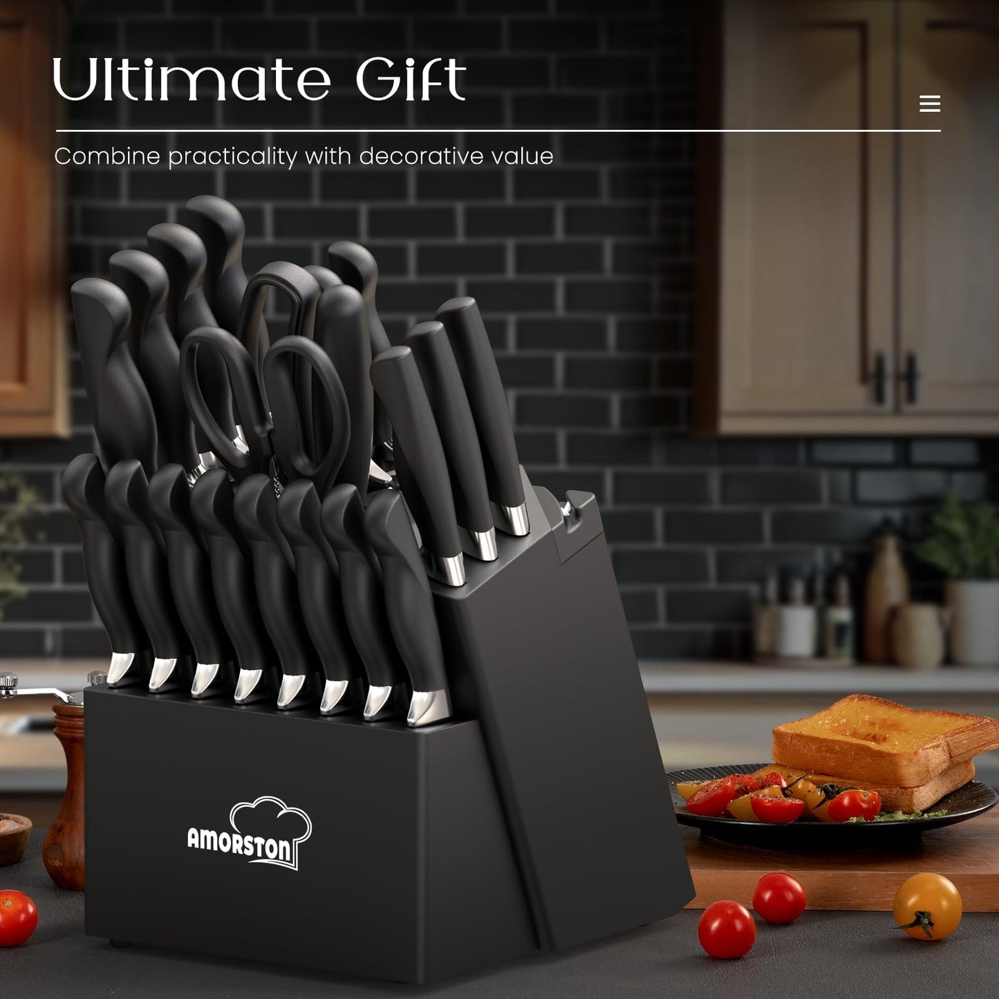 Knife Set, Amorston 21 Pieces Kitchen Knife Set with Block and Sharpener, Ultra-Sharp Knives Set with Ergonomic Handles, Black German Stainless Steel Knife Block Set, Dishwasher Safe