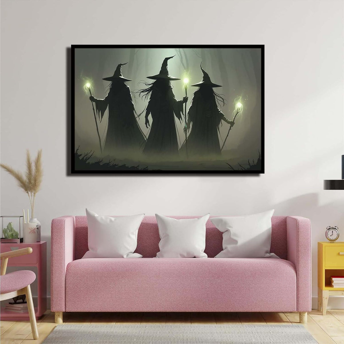 JFHCQJPK Vintage 3 witches canvas wall decor melancholy dark Halloween poster wall decor holding a staff print Gothic horror Halloween painting print for living room bedroom20x30in Metal blackFramed