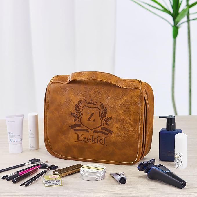 Bleggeit 3-in-1 Large Personalized PU Leather Toiletry Bag For Men, Custom Groomsmen Gifts Hanging Travel Organizer Bag, Laser Engraved Name Monogram Shaving Kit Gift For Him Husband Father Dad Dop