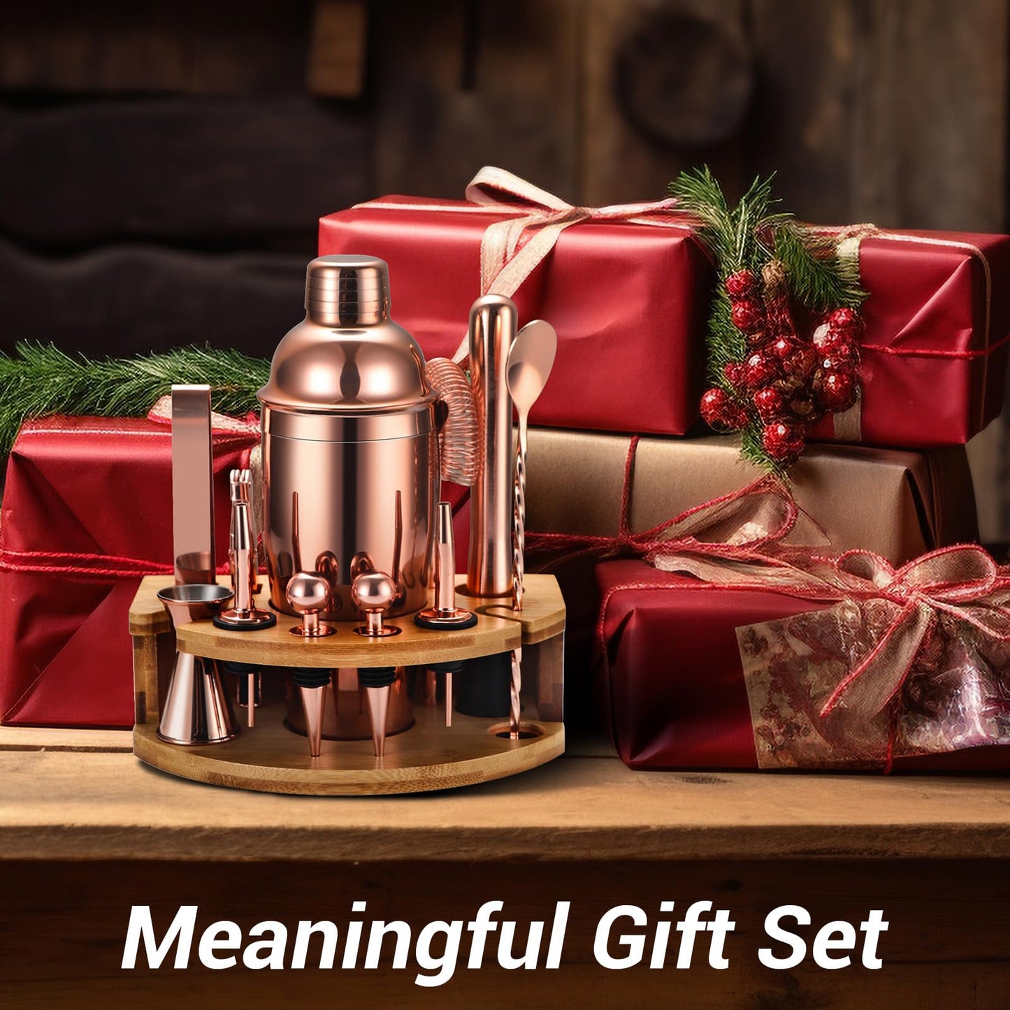 Cocktail Shaker Set Bartender Kit with Stand, 12 Piece Bar Set Drink Mixer Set with Stainless Steel Bar Accessories Tools: 25oz Martini Shaker Jigger Strainer Spoon Muddler for Cocktails (Rose Gold)