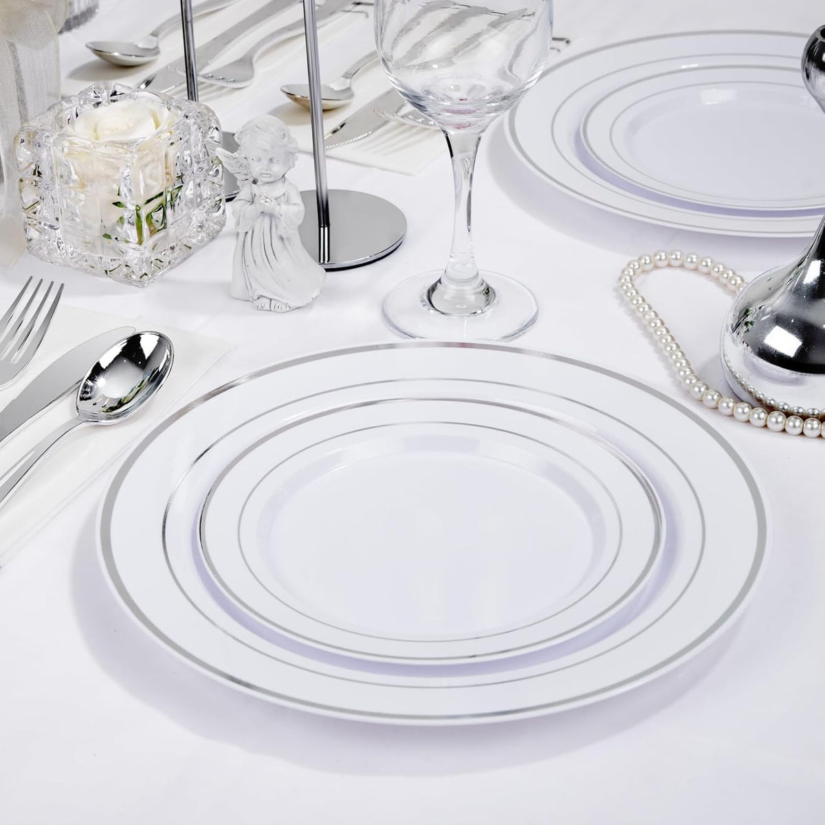 Supernal 102pcs White and Silver Plastic Plates Disaposable Party Plates White Silver Rim Heavy Duty Fancy Silver Plastic Dinnerware Set included 51 Dinner & Dessert Plates for Birthday and Wedding