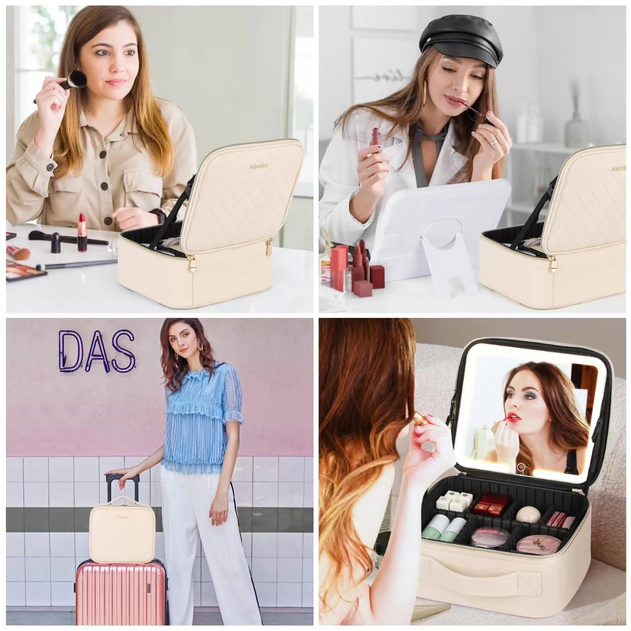 Aiborke Travel Makeup Bag with Led Mirror Make up Case with Lighted Mirror Cosmetic Organizer bag with Adjustable Dividers and 5X Magnifying Mirror Makeup Box Organizer Vanity Case for Women (Beige)