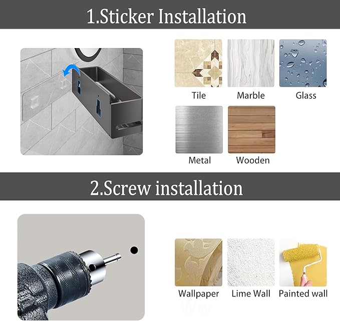 Shower Shelf, 2-Pack, Heavy-Duty Bathroom Storage Shelf, Large Capacity No-Drill Bathroom Organizer, Gray Metal Storage Basket, Adhesive Installation