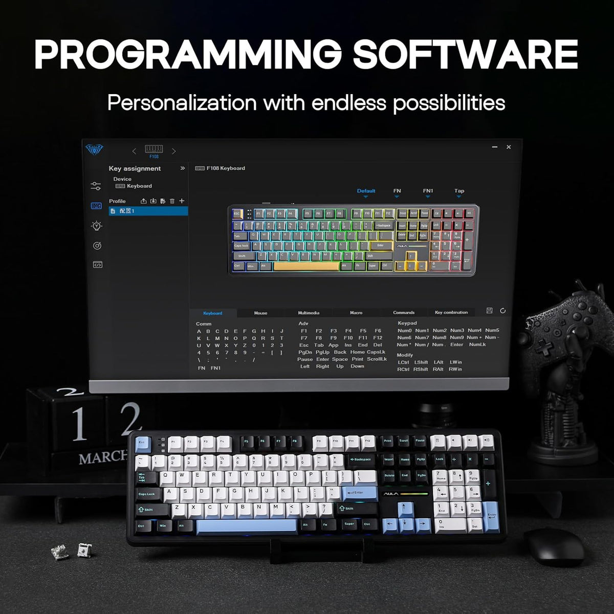 EPOMAKER Aula F108 Wireless Gaming Keyboard, Full Size Mechanical Keyboard with 4000mAh Battery, 108 Hot-Swappable and Programmable Keys, RGB Backlight, for Mac/PC/Android (Blue&White&Black)