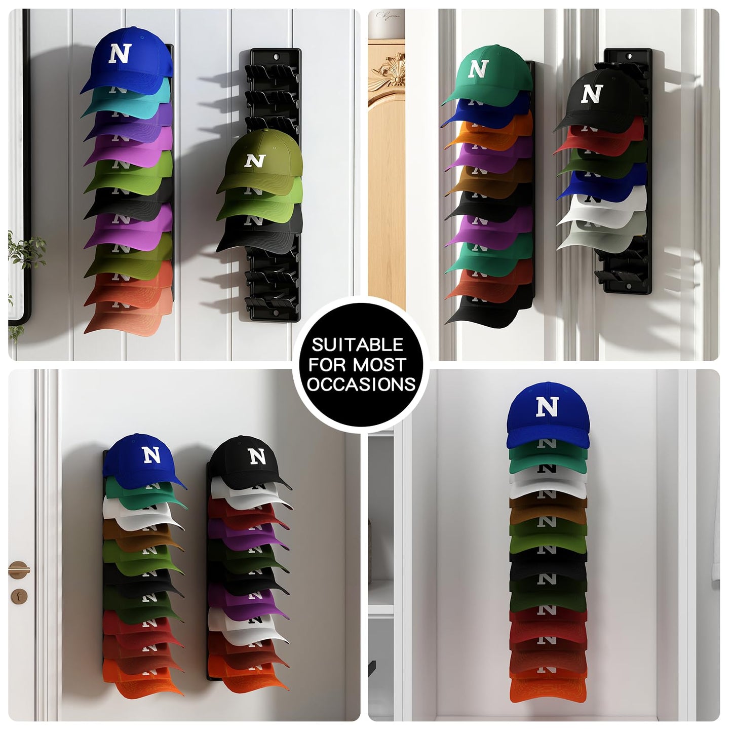 Dazioter Hat Organizer for Baseball Caps, 2 Pack Wall Mount Hat Rack with Spring Clips, Holds 20 Caps, Black Hat Holder for Closet Door