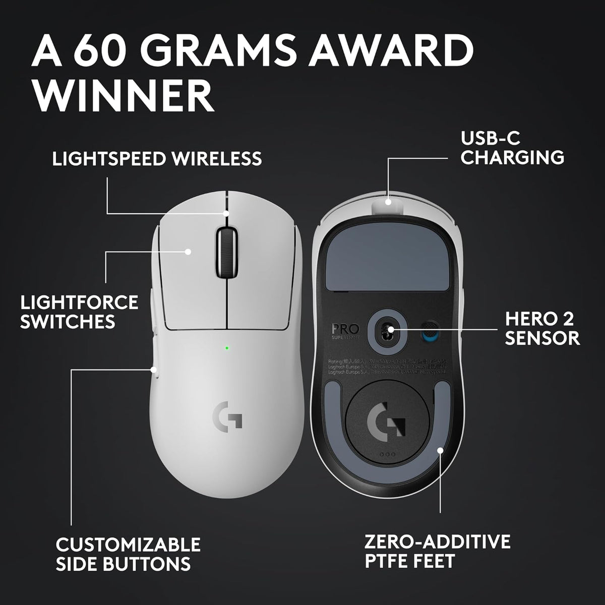 Logitech G PRO X SUPERLIGHT 2 Wireless Gaming Mouse, 60g Pro-Grade with 5 Programmable Buttons, 44k DPI Sensor, 8kHz Report Rate, USB-C Charging for PC/Mac - White