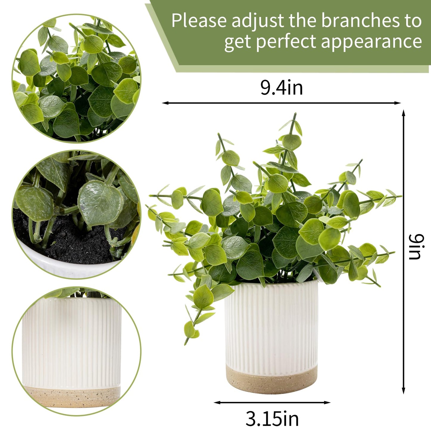 Coferset Small Fake Plants Eucalyptus Potted Artificial Plants Faux Plant Greenery in Ceramic Pot for Bedroom Kitchen House Living Room Shelves Farmhouse Table Office Desk Bathroom Home Indoor Decor