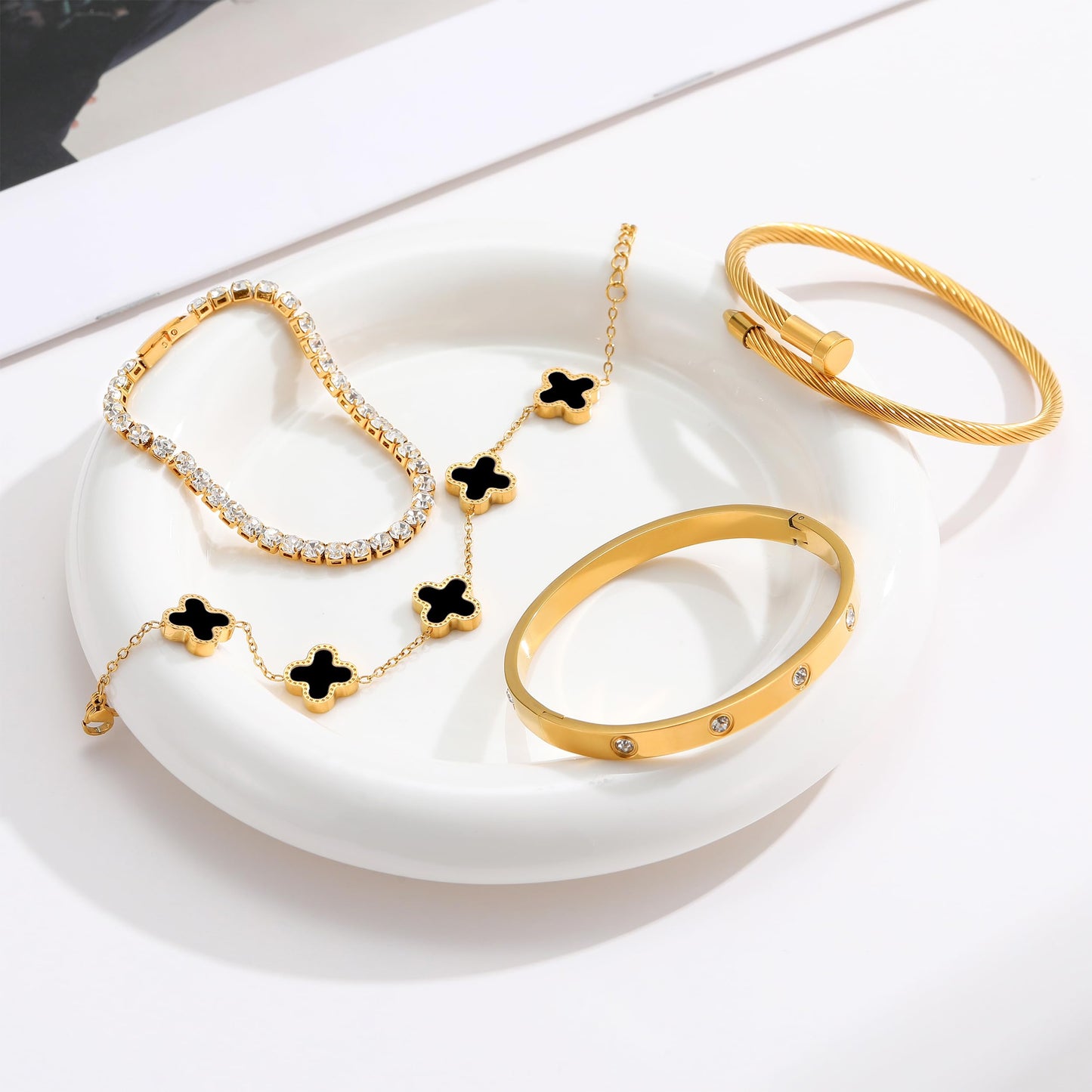 Jzrow 18K Gold Plated Bangle Bracelets Stack for Women,Four Leaf Clover Stackable Bracelets Non Tarnish,4 Pcs Jewelry sets Gifts(Black)