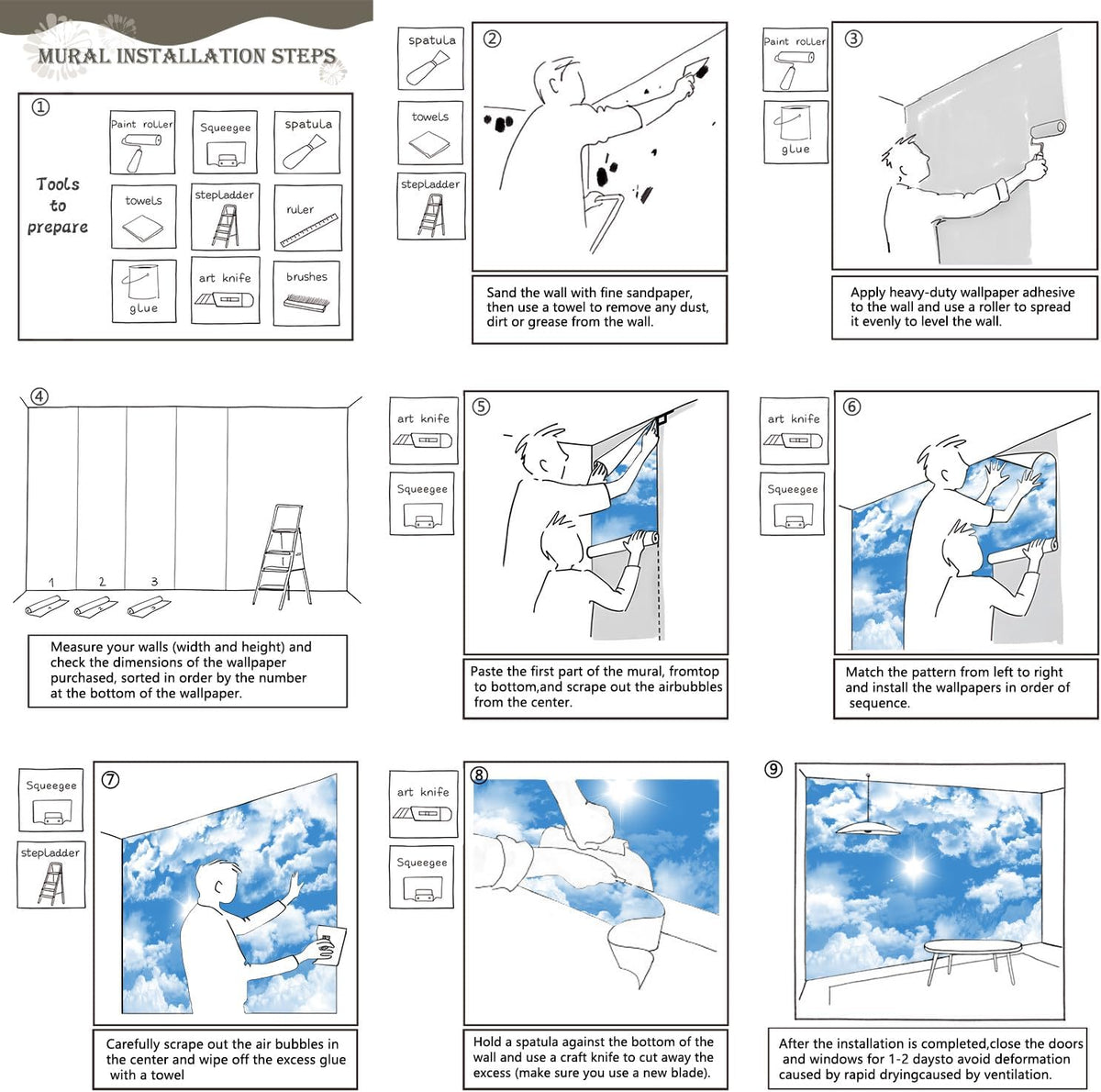AFZEVEB-Ceiling Mural Blue Sky White Clouds Wallpaper for Living Room 114"x74"(Not Peel and Stick)