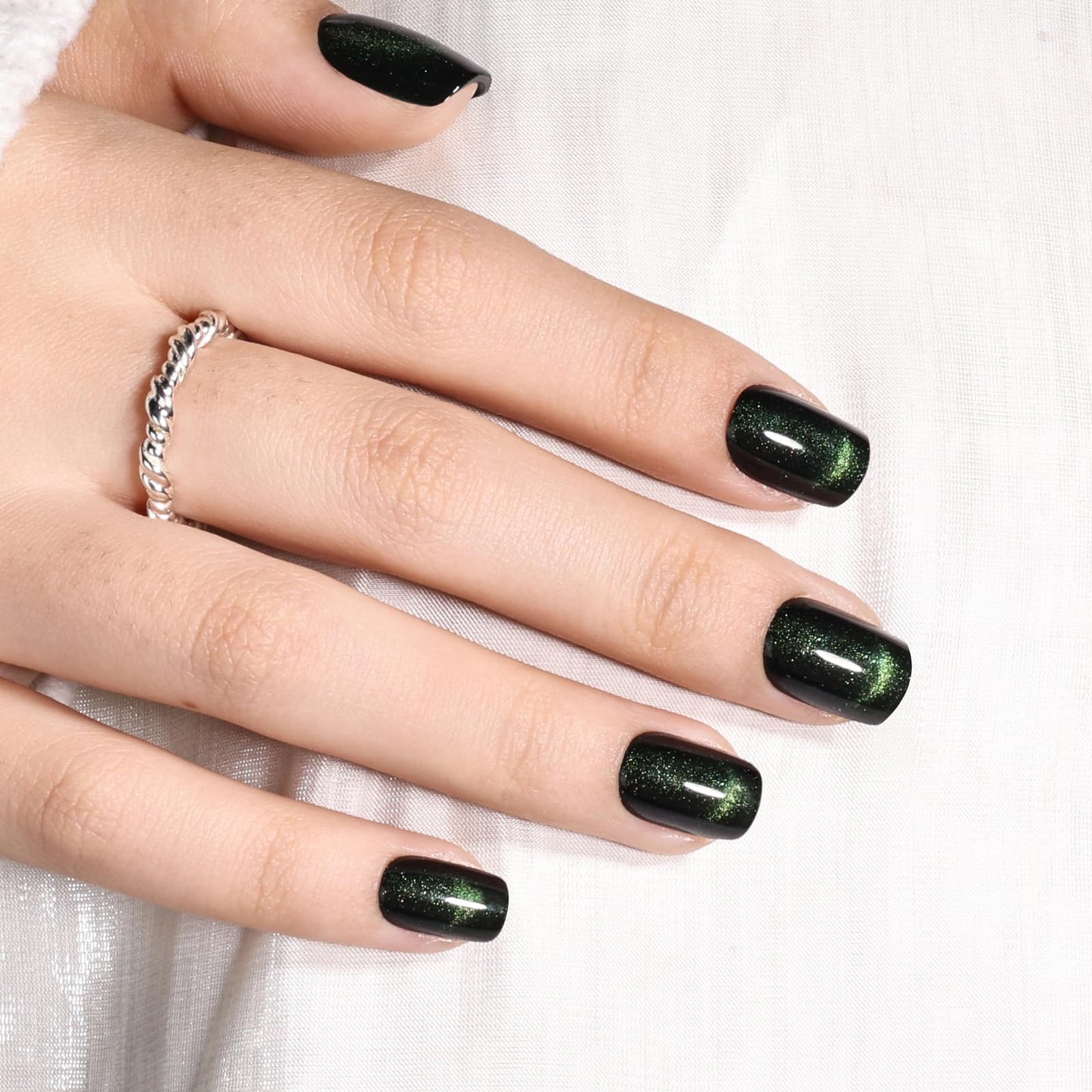 Green Cat Eye Press On Nails - Short Square Magnetic Cat Eye Press On Nails, Reusable Fake Nails Kit with Nail Glue, 30PCS 15 Sizes