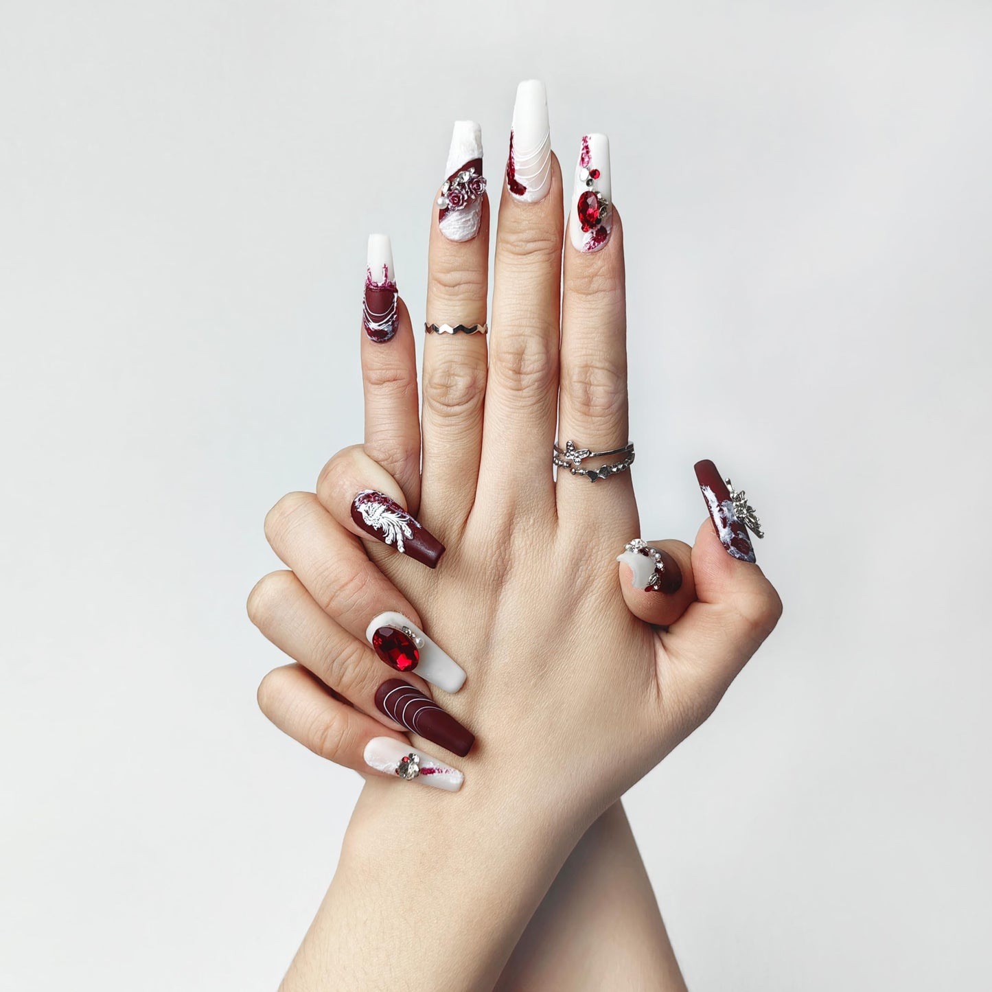 GGddsha 2025 Burgundy Medium Press on Nail Hand-painted Irregular Frosted Design w/Rhinestones Flower Butterfly Handmade Reusable PMMA Acrylic Matte Full Coverage Nail (Hand-painted Pattern, Medium)