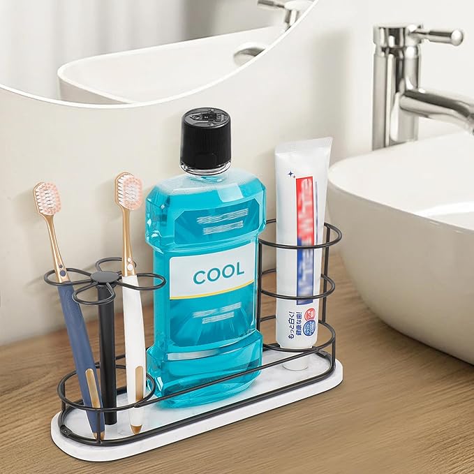 HarJue Toothbrush Holder Stand for Bathroom, Metal Toothbrush Organizer with Marble Base, Toothbrush Storage Collection for Family, Suitable for Home Hotel Countertop Vanity (Large, Matte Black)