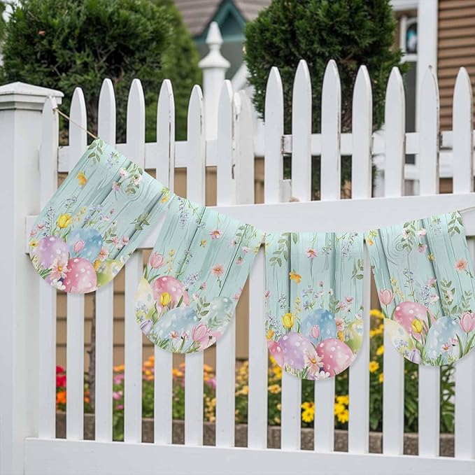Easter Eggs Banner 4Pcs Indoor Outdoor Hanging Banner Flag Spring Daisy Eucalyptus Leaves Teal Wooden Sign for Fireplace Mantel Decorative Bunting Garland Valance for Shop Door Mantle Decor 7.9"x11.8"