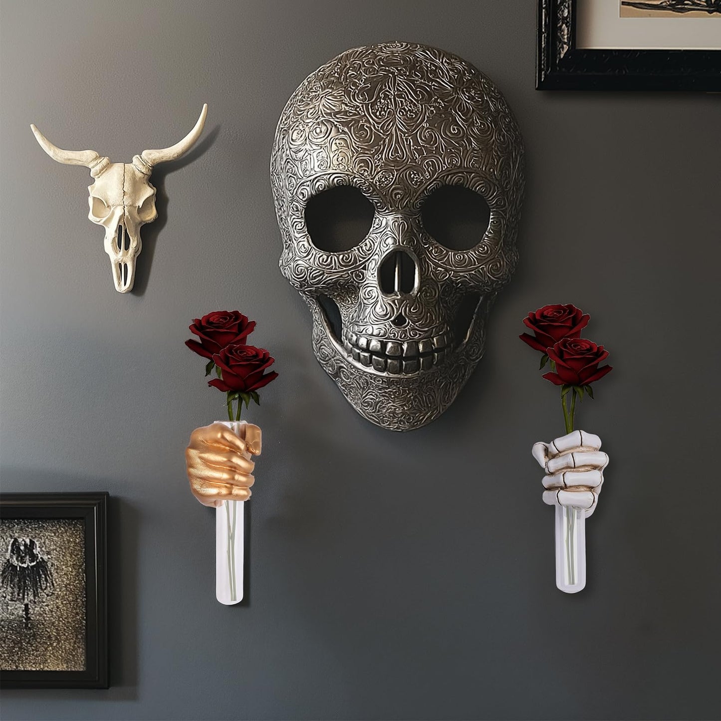 XYQXYQ Halloween Wall Sculpture, Wall Mounted Creepy Skull Hands,Gothic Hanging Art Sculpture,Unique Vase,Horror Skeleton Hand Wall Decorations, Terror Home Decor (White)