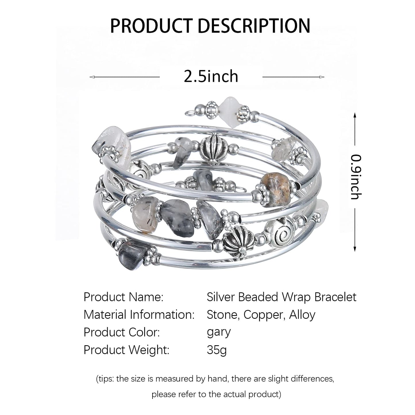 FULU AUTUMN Stone Silver Bangle Wrap Bracelet Boho Turquoise Crystal Chips Bead Bracelets Fashion Jewelry Birthday Gifts for Women(19-Grey)