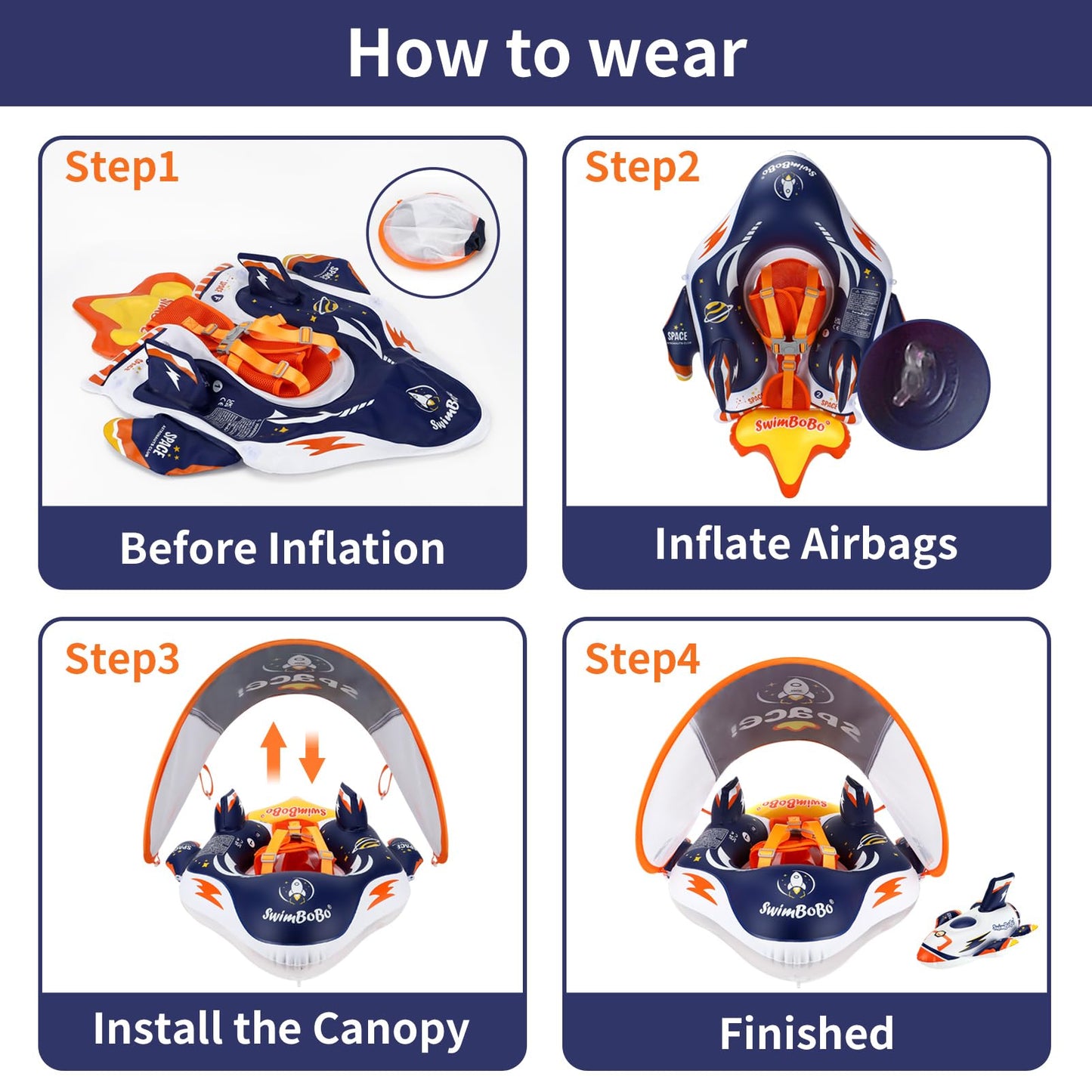 Swimbobo Baby Swimming Float Kids Inflatable Swim Ring with Safety Support Bottom Swimming Pool Accessories for 3-36 Months (Deep Blue Spaceship, Large)