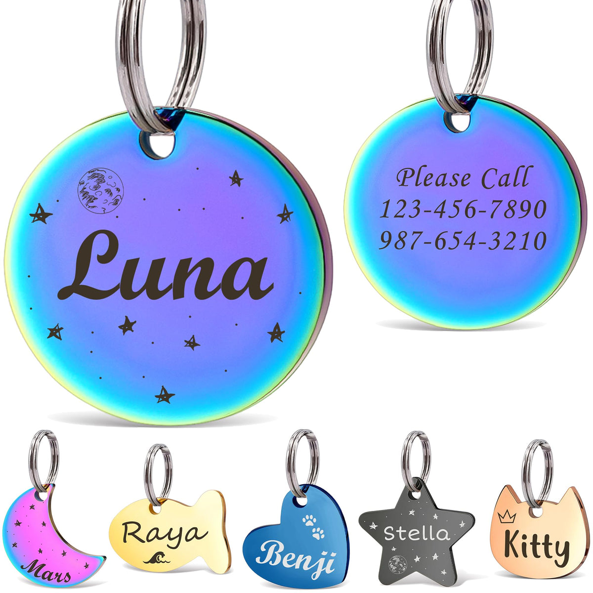 Anavia Small Size Dog Cat ID Tags, Small/XS Personalized Color Plated Stainless Steel Puppy Kitten Name Tags, Customized Engraved Nameplate Pet Collar Tag (Blue, Star)